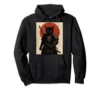 Black Cat Samurai with Katana under Red Rising Sun Pullover Hoodie