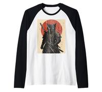Black Cat Samurai with Katana Under Red Rising Sun Raglan Baseball Tee
