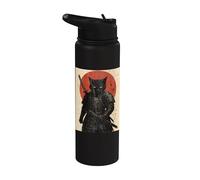 Black Cat Samurai with Katana Under Red Rising Sun Stainless Steel Insulated Water Bottle
