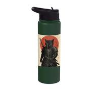 Black Cat Samurai with Katana Under Red Rising Sun Stainless Steel Insulated Water Bottle