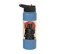 Black Cat Samurai with Katana Under Red Rising Sun Stainless Steel Insulated Water Bottle