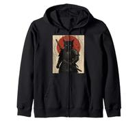 Black Cat Samurai with Katana under Red Rising Sun Zip Hoodie