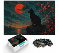 black cat silhouette japan style Jigsaw Puzzle for Adults, 1000 Piece