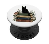 Black Cat Sitting On Books Warning Funny Kitten Book Lovers PopSockets Adhesive PopGrip