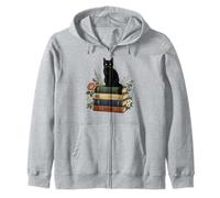Black Cat Sitting On Books Warning Funny Kitten Book Lovers Zip Hoodie