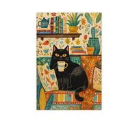 Black Cat Sitting on The Sofa Drinking Tea And Reading A Book Canvas Poster Bedroom Decor Landscape Office Room Decor Gift 20" L X 30" W