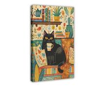 Black Cat Sitting on The Sofa Drinking Tea And Reading A Book Canvas Poster Wall Art Decor Print Picture Paintings for Living Room Bedroom Decoration 08x12inch(20x30cm)