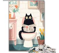Black Cat Sitting on The Toilet Jigsaw Puzzles for Teenagers 1000 Piece, Challenging Game And Family Play with Matching Poster And Trivia Sheet 26x38cm