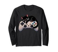 Black Cat Sleeping On Gaming Controller Funny Gamer Long Sleeve T-Shirt