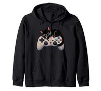 Black Cat Sleeping On Gaming Controller Funny Gamer Zip Hoodie