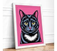 Black Cat Stare Modern Framed Wall Art Print A2 (59.4×42cm) White, Wall