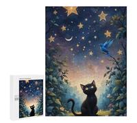 Black Cat Stargazing with Bluebird - Wooden Picture Puzzle for Grown-Ups, 500 PCS, Winter Gift - to Assemble, Frame And Display