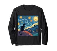 Black Cat Starry Night Inspired Fantasy Artwork Long Sleeve T-Shirt