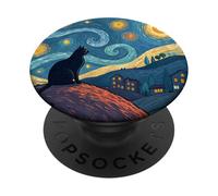 Black Cat Starry Night Inspired Fantasy Artwork PopSockets Adhesive PopGrip