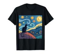 Black Cat Starry Night Inspired Fantasy Artwork T-Shirt