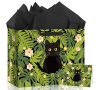Black Cat Summer Gift Bag Cute Black Kitty Palm Leaves Gift Bag Large Tropical Kitty Birthday Favor Bag with Greeting Card Tissue Paper for Cat Lovers Women Kids Floral Party Supplies Decorations