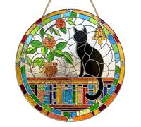 Black Cat Sun Catcher, Stained Glass Style Acrylic Suncatcher for Windows, Bookshelf Cat Ornament, Rustic Window Hanging Decor for Home, Garden and Balcony