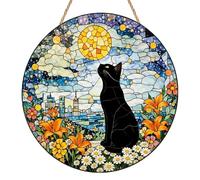 Black Cat Suncatcher, Acrylic Stained Glass Style Sun Catcher for Windows, Vintage Moon Cat Ornament, Round Hanging Decoration for Home, Garden and Balcony, Birthday & Housewarming Gift