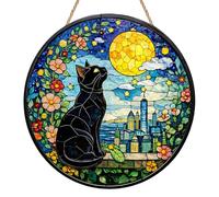 Black Cat Suncatcher, Charming Moon Cat Ornament, Acrylic Stained Glass Style Sun Catcher for Windows, Vintage Hanging Decoration for Home, Garden and Balcony, Birthday & Housewarming Gift