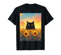Black Cat Sunflowers Sunset Floral Aesthetic Cute Kitty T-Shirt