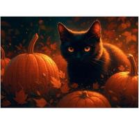 Black Cat Surrounded by Glowing Pumpkins Mystical Autumn Setting Colorful Artwork Unique Birthday Present Educational Gift Home Decor Puzzle Entertainment Toys Intellectual Game_500pcs