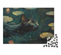Black Cat Swimming 1000 Pieces Black Cat on Water Lilies Thick Cardboard Jigsaw Puzzle Ultra Difficult Couple Partners Mind Relaxation Office Break Gift Idea 52x38cm/1000pcs