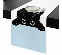Black Cat Table Runner 70 Inches Long, Cute Cat Cartoon Animal with Big Eye Blue White Washable Table Runners Heat-Insulation Kitchen Dining Table Decorations for Home Party Decor, 13"x70"