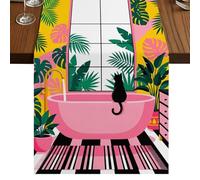 Black Cat Table Runner, Pink Bathtub Green Palm Leaf Tropical Plant Summer Cotton and Table Linen Runner for Kitchen Dining Home Decor for Party Festival Holiday Decoration Gift 13x108in
