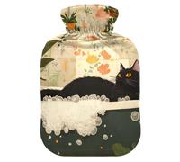 Black Cat Taking Shower hot-Water Bottle with Soft Cover, 2L hot Compress for Sore Muscle, Arthritis, Neck Shoulder Warmer