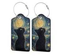 Black Cat The Night Sky Print Luggage Tags, Leather Stainless Steel Loop Label Tag for Travel Bag Suitcase