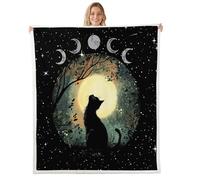 Black Cat Throw Blanket Yellow Moon Starry Galaxy Sky Fuzzy Blanket for Kids Teens Adults Wild Plants Silhouette Mysterious Animal Fleece Blanket for Living Room 40x50