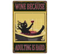 Black Cat Tin Signs Wine Because Adulting Is Hard Metal Signs For Bathroom Backyard Patio Outdoor Wall Decor 8x12inches