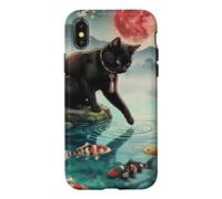 Black Cat Touching Koi Fish Japanese Garden Cherry Blossom Case for iPhone X/XS