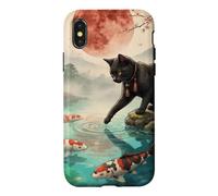 Black Cat Touching Koi Fish Japanese Garden Cherry Blossom Case for iPhone X/XS