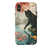Black Cat Touching Koi Fish Japanese Garden Cherry Blossom Case for iPhone X/XS