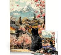 Black Cat ﹨u Cherry Blossoms Asian Japanese Landscape 1000 Piece Jigsaw Puzzles for Adults Jigsaw Critical Think Mindful Escape Firm Fit Ideal Xmas Gift (50x75cm)