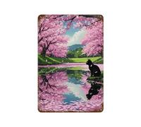 Black Cat Under Cherry Blossom Trees Tin Sign Vintage Metal Sign Retro Metal Poster for Workshop Train Room Bar Kitchen Decor 11.8"x7.9"