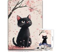 Black Cat Under Cherry Blossoms 1000 Piece Jigsaws for Teenagers Logical Thinking Development Game Great Gift for Meaningful Moments Size 38x52cm