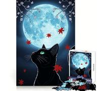 Black Cat Under Moonlight with Maple Leaves 1000 Piece Jigsaw Puzzle for Adults Mind Exercise Cozy Pastime Exact Cut Chic Xmas Gift (38x52cm)