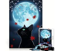 Black Cat Under Moonlight with Maple Leaves 1000 Piece Jigsaw Puzzle for Teenagers Brain Teasing Mindful Leisure Smooth Edges Chic Xmas Gift (38x26cm)