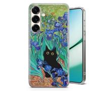 Black Cat Van Gogh Inspired Case for Samsung Galaxy 26,17,56,36,A,S,FE | Crystal Clear Shockproof TPU Protective Cover - Lillies