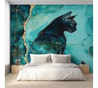 Black Cat Wallpaper, Abstract Teal Marble Wall Mural for Living Room, Bedroom, Non-Woven Wall Papaer Decoration, Photo Wallpaper & Home Decor, 300x210 cm (WxH) K-MZ&29