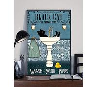 Black Cat Wash Your Paw Funny Cat Lover Gift Retro Vintage Bathroom Decor Poster Garage Wall Decor Metal Sign Poster 12x16 inch