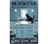 Black Cat Wash Your Paws Funny Bathroom Metal Tin Sign for Toilet Restroom Wall Art Signs Gift for Cat Lovers 20x30 cm