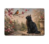 Black Cat Watching a Robin Area Rug 150 x 100 cm, Soft Non Slip Short Pile | Short pile area rug with 150 x 100 cm compact size, for bedroom floor styling