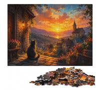 Black Cat Watching A Sunset Over A Village Wooden Adult Puzzle 500 Pieces