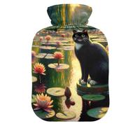 Black Cat Water Lilies Hot Water Bottle with Soft Cover Hot Water Bag for Menstrual Cramps Medium