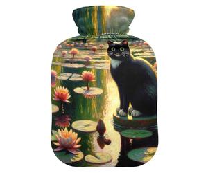 Black Cat Water Lilies Hot Water Bottle with Soft Cover Hot Water Bag for Menstrual Cramps Medium
