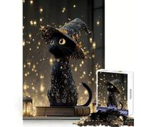 Black Cat Wearing A Witch Hat Jigsaw 1000 Pieces for Teenagers Focus Ability Cozy Relaxation Interlock Well Ideal Present (38x52cm)
