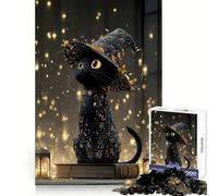 Black Cat Wearing A Witch Hat Jigsaw 1000 Pieces for Teenagers Sharp Memory Easy Relaxation Neat Edges Joyful Xmas (50x75cm)